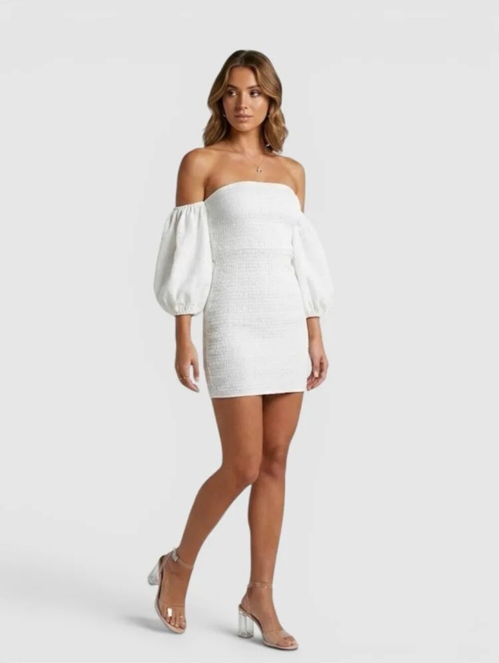 L'Idee Art Deco Off The Shoulder Puff Sleeve White Bridal Mini Dress Size 6